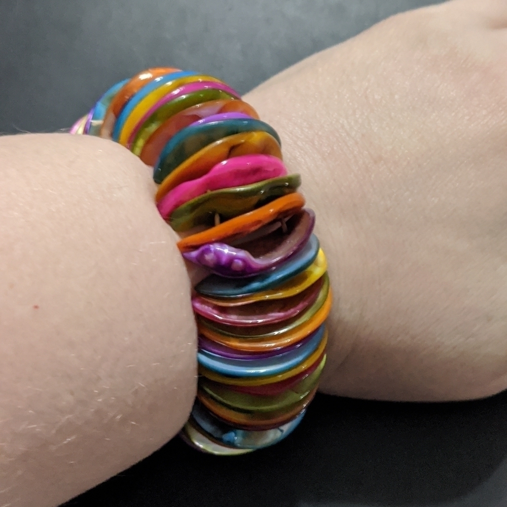 Rainbow Shell Disc Stretchy Elastic Statement Bracelet